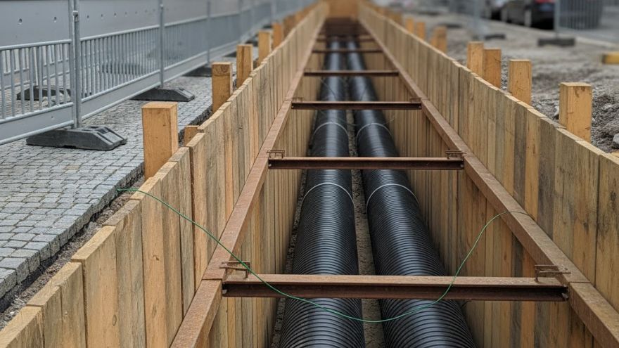 Rury ciepłownicze w wykopie na tle miejskim