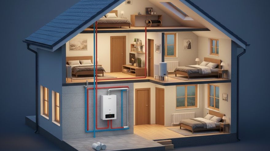 Przekrój domu z kotłem gazowym i instalacją grzewczą