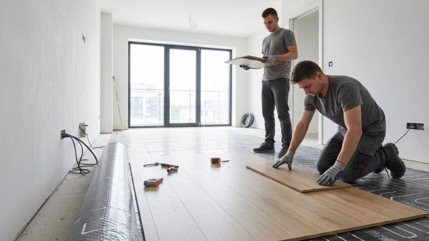 Двоє чоловіків укладають панелі підлоги на тепловій матриці