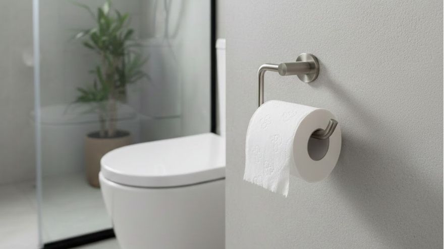 Тримач для туалетного паперу, встановлений на стіні поруч із унітазом