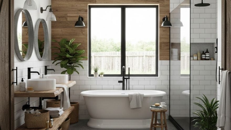 Ванна кімната в стилі modern farmhouse з вільностоячою ванною