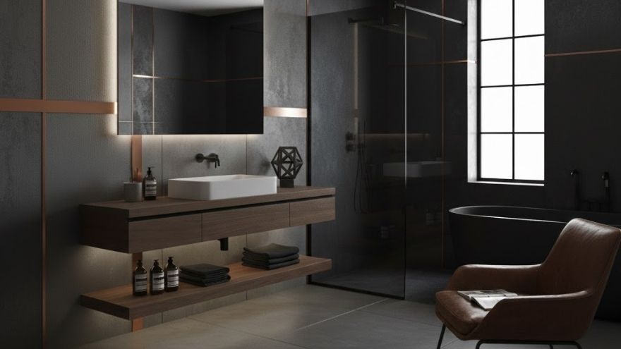 Сучасна ванна кімната в чоловічому стилі з темними плитками