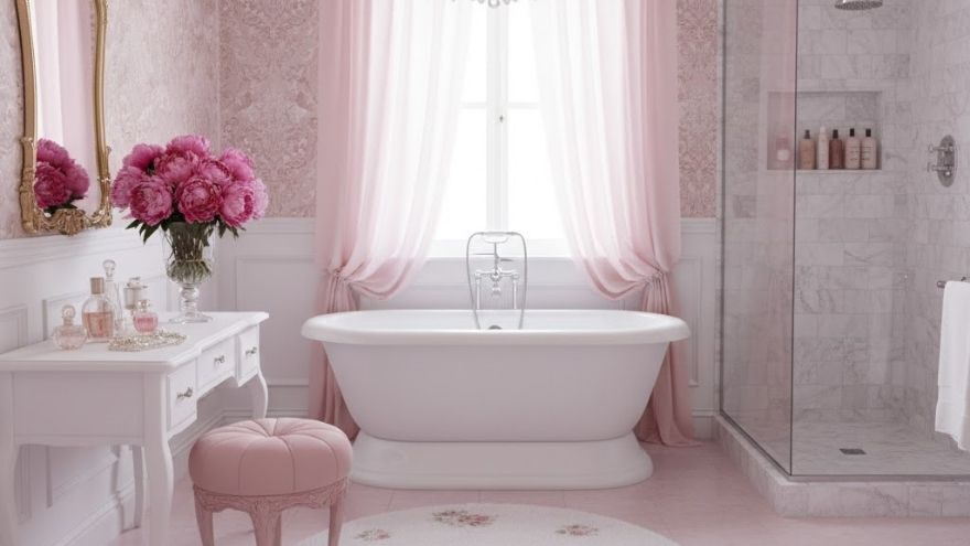 Елегантна ванна кімната в пастельних відтінках рожевого з дзеркалом в золотій рамі