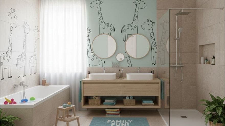 Сімейна ванна кімната з подвійною умивальником, ванною та душем