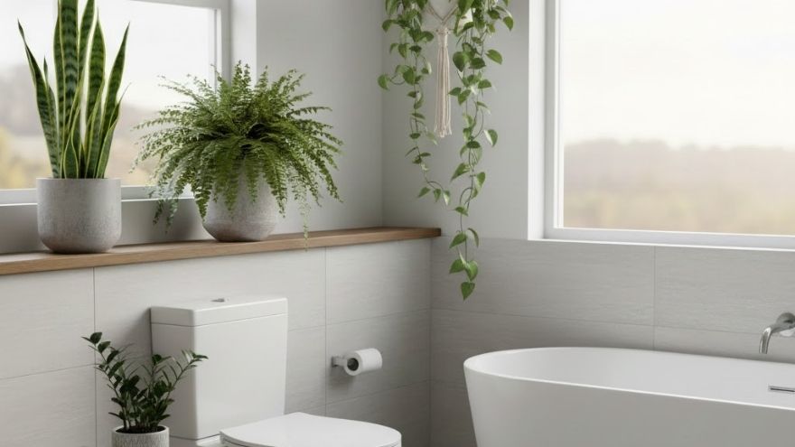 Сучасна ванна кімната з ванною та рослинами
