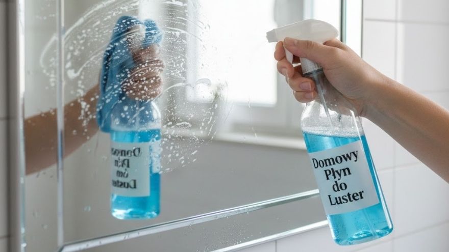 Людина, що миє дзеркало у ванній кімнаті домашнім засобом для чищення