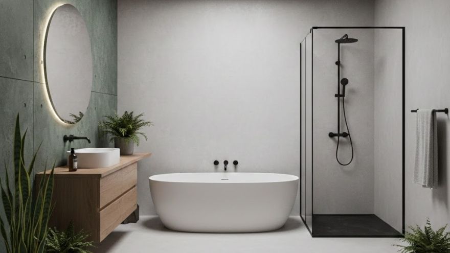 Сучасна ванна кімната без плитки з архітектурним бетоном і зеленим акцентом
