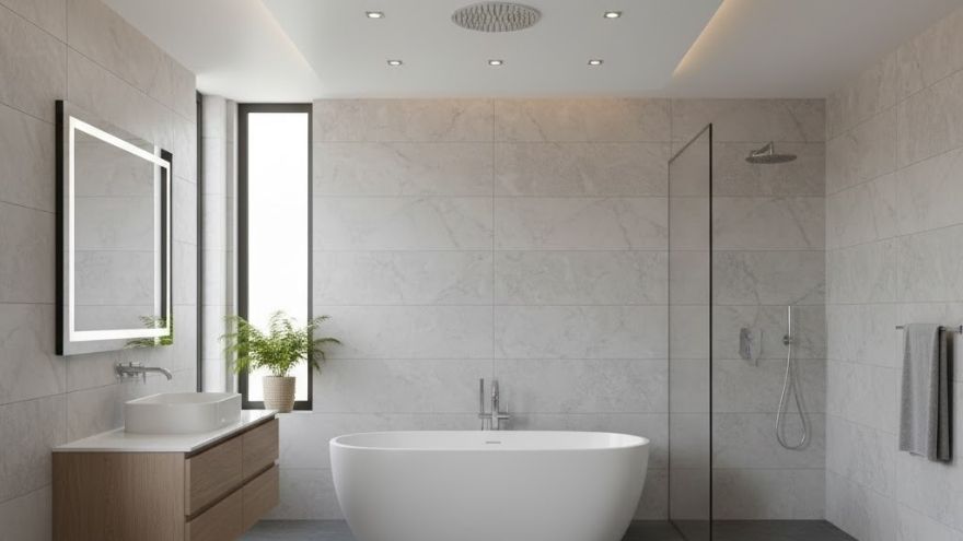 Сучасна ванна кімната з підвісною стелею та LED-освітленням