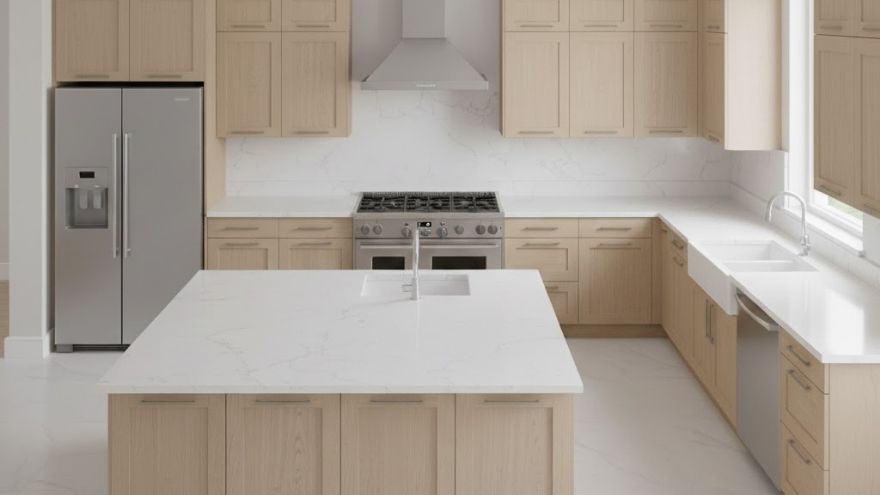 Сучасна кухня з бежевими шафками та островом
