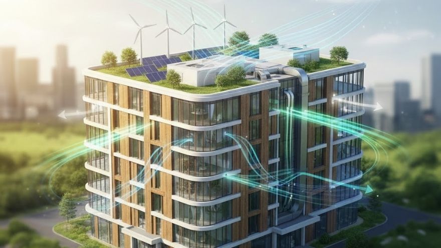 Сучасна будівля з сонячними панелями та вітровими турбінами