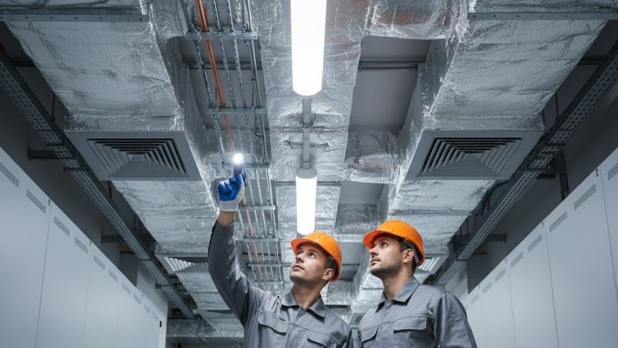 Інспектори, що освітлюють ліхтарем вентиляційні канали