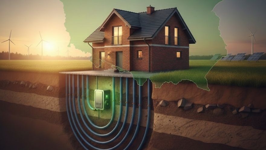 Перетин будинку з грунтовим тепловим насосом на фоні карти Польщі