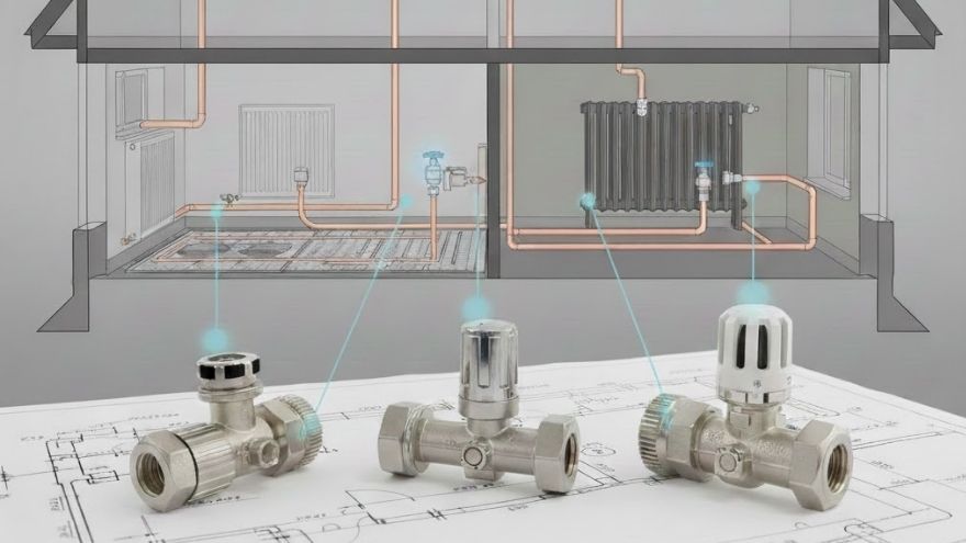 Переріз будинку, що показує установку CO з різними моделями термостатичних клапанів