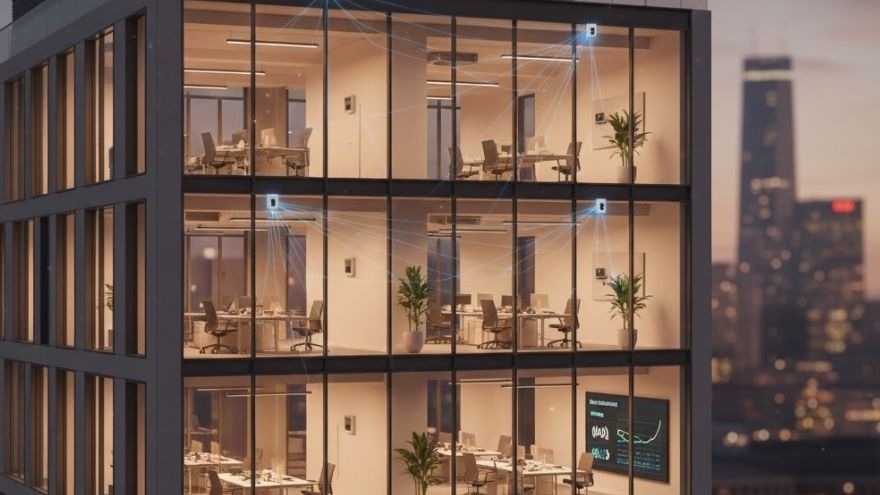 Перетин офісної будівлі, що показує систему HVAC та блакитні лінії потоку повітря