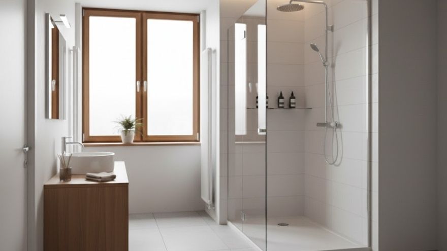 Сучасна ванна кімната з великою душовою кабіною типу walk-in