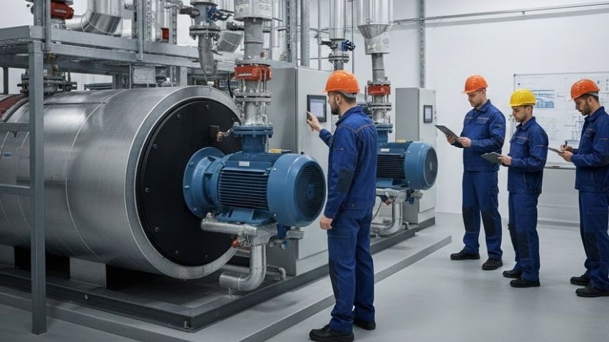 Інженери в касках і комбінезонах, що перевіряють промислову установку