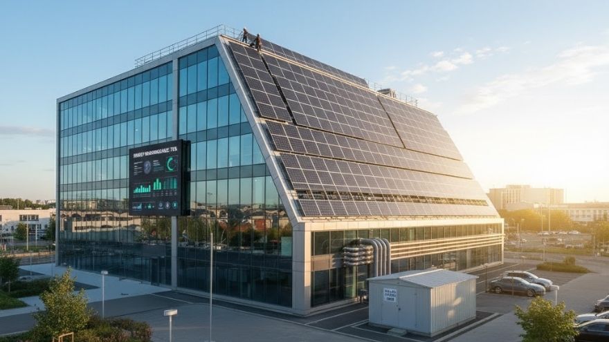 Сучасна комерційна офісна будівля зі скляним фасадом і великими сонячними панелями