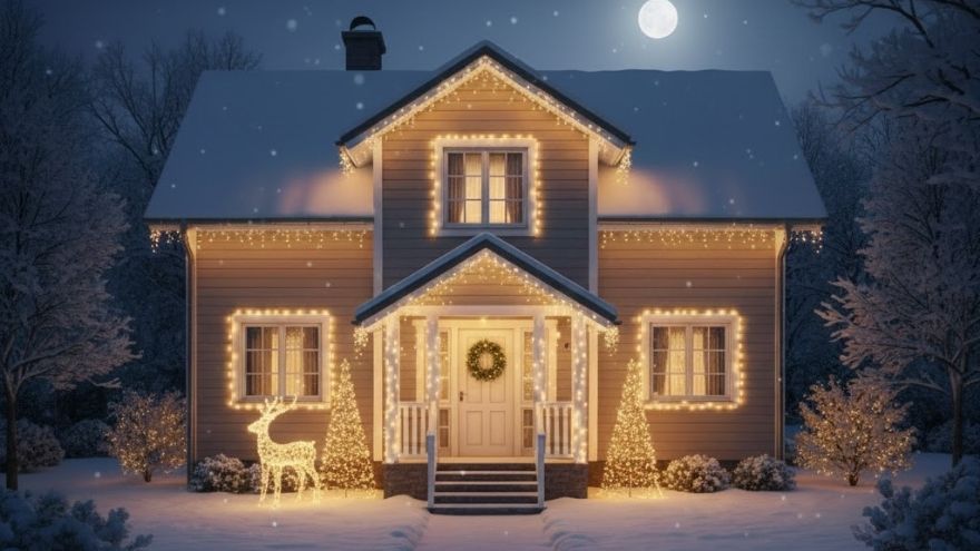 A house decorated with Christmas lights on a winter night