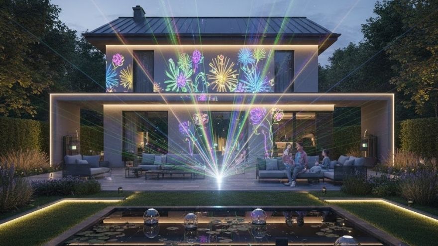 Nowoczesny dom i ogr&oacute;d z iluminacją laserową i pokazem świateł