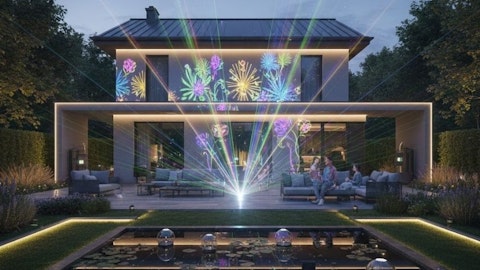 Nowoczesny dom i ogród z iluminacją laserową i pokazem świateł