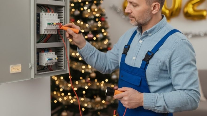 Elektryk sprawdzający domową rozdzielnicę elektryczną na tle salonu