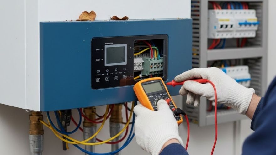 Elektryk sprawdzający miernikiem instalację elektryczną kotła grzewczego