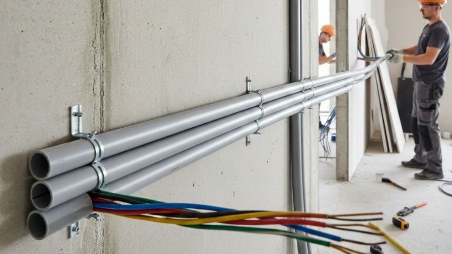 Електричні проводи в захисних трубах, встановлені на бетонній стіні