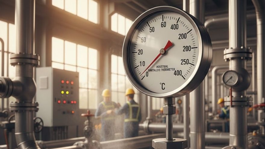 Termometr bimetaliczny na instalacji przemysłowej w zakładzie produkcyjnym