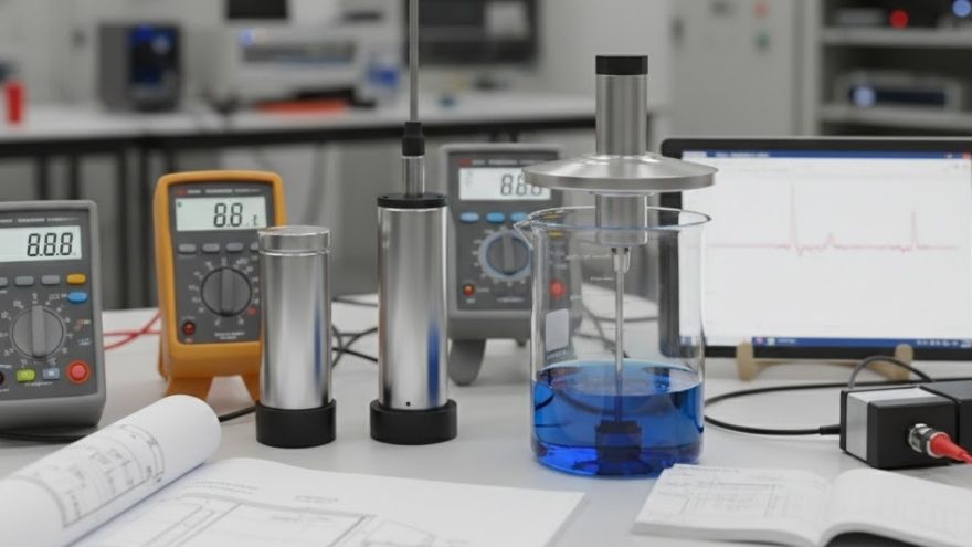 Тестова установка з датчиками рівня рідини та вимірювальною апаратурою в лабораторії