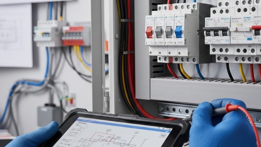 Електрик, що перевіряє схему на планшеті біля відкритої розподільчої шафи з обмежувачами перенапруг
