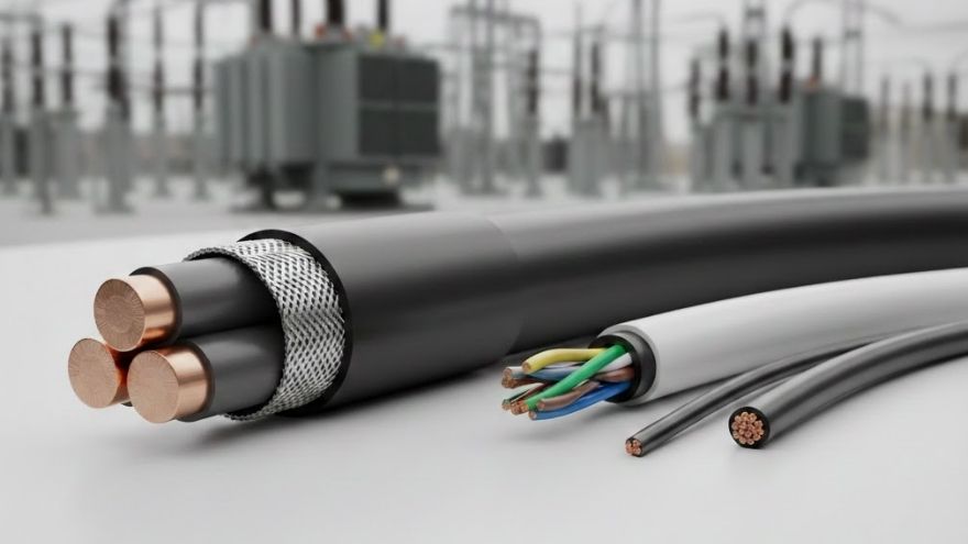 Kable elektroenergetyczne nN i SN na tle stacji transformatorowej