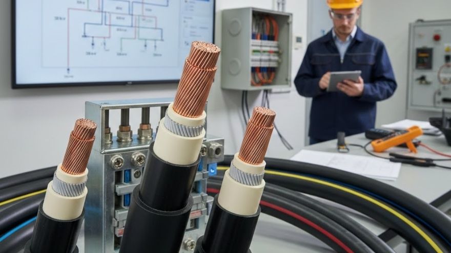 Przekr&oacute;j grubych kabli średniego napięcia z miedzianym rdzeniem