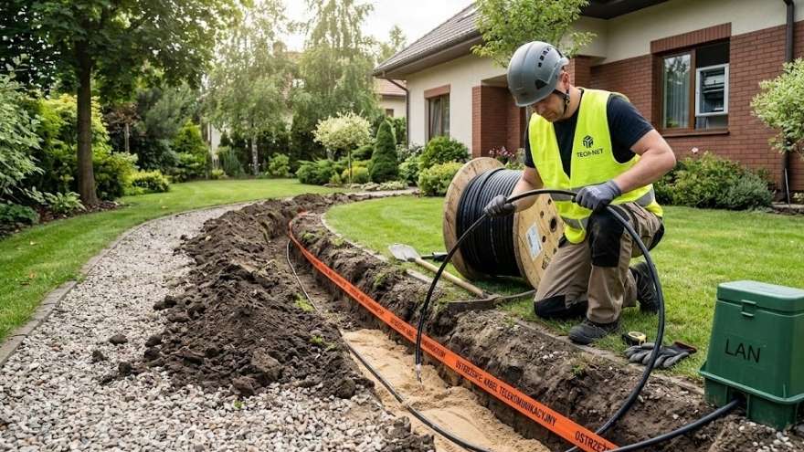 Pracownik układający kabel telekomunikacyjny w wykopie w ogrodzie