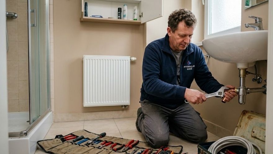 Profesjonalny hydraulik podczas naprawy syfonu pod umywalką w łazience