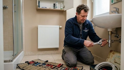 Profesjonalny hydraulik podczas naprawy syfonu pod umywalką w łazience