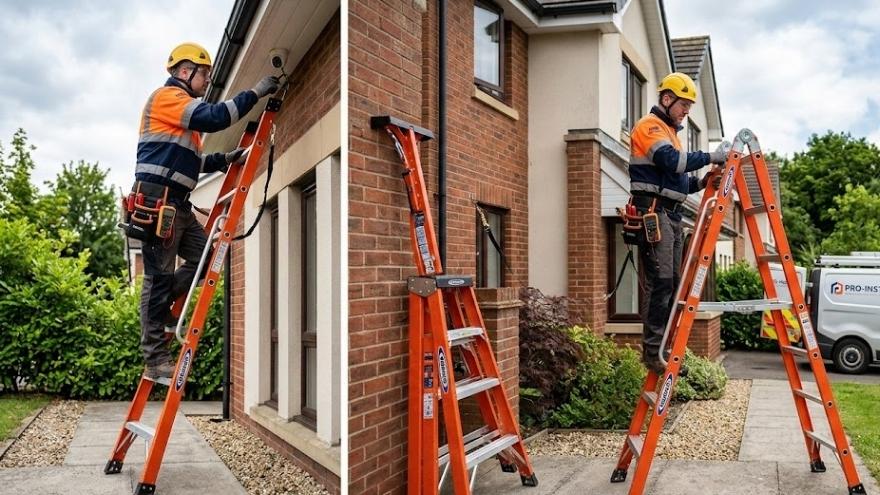 Instalator pracujący na bezpiecznej drabinie wielofunkcyjnej przy elewacji budynkuInstalator pracujący na bezpiecznej drabinie wielofunkcyjnej przy elewacji budynkuInstalator pracujący na bezpiecznej drabinie wielofunkcyjnej przy elewacji budynku