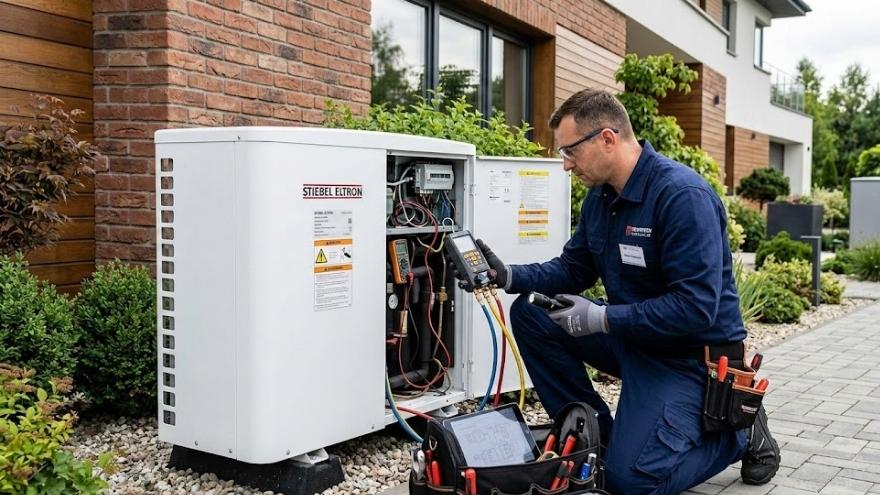 Serwisant wykonujący przegląd techniczny zewnętrznej pompy ciepła przy domu