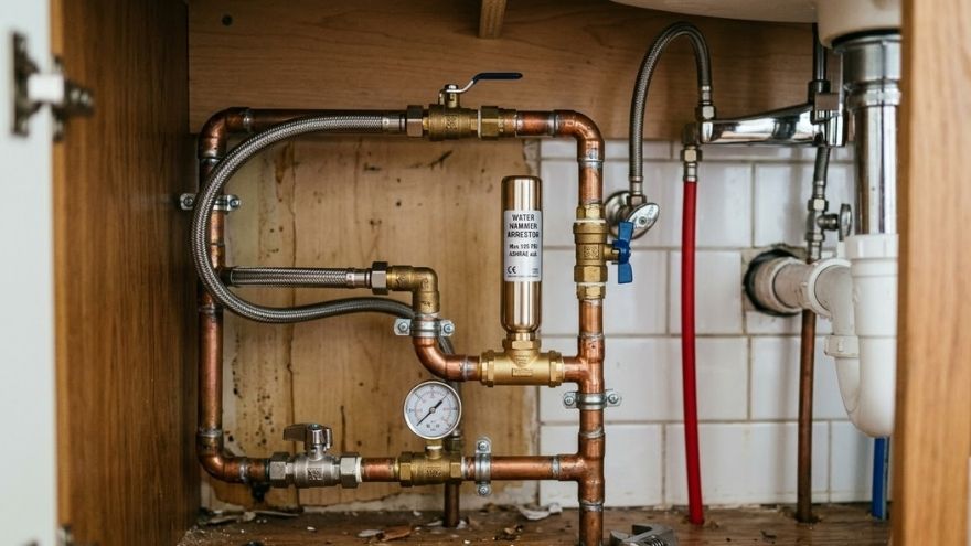 Tłumik uderzeń hydraulicznych zamontowany w domowej instalacji