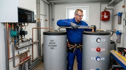 Instalator montujący przyłącza do zasobnika c.w.u.