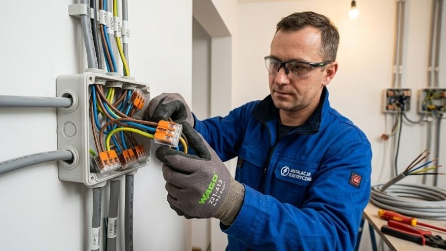 Elektryk montujący przewody w puszce instalacyjnej