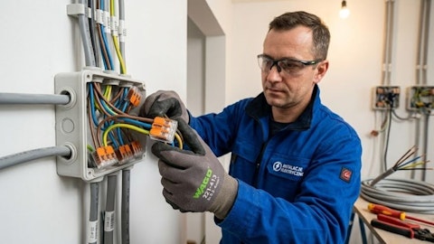 Elektryk montujący przewody w puszce instalacyjnej