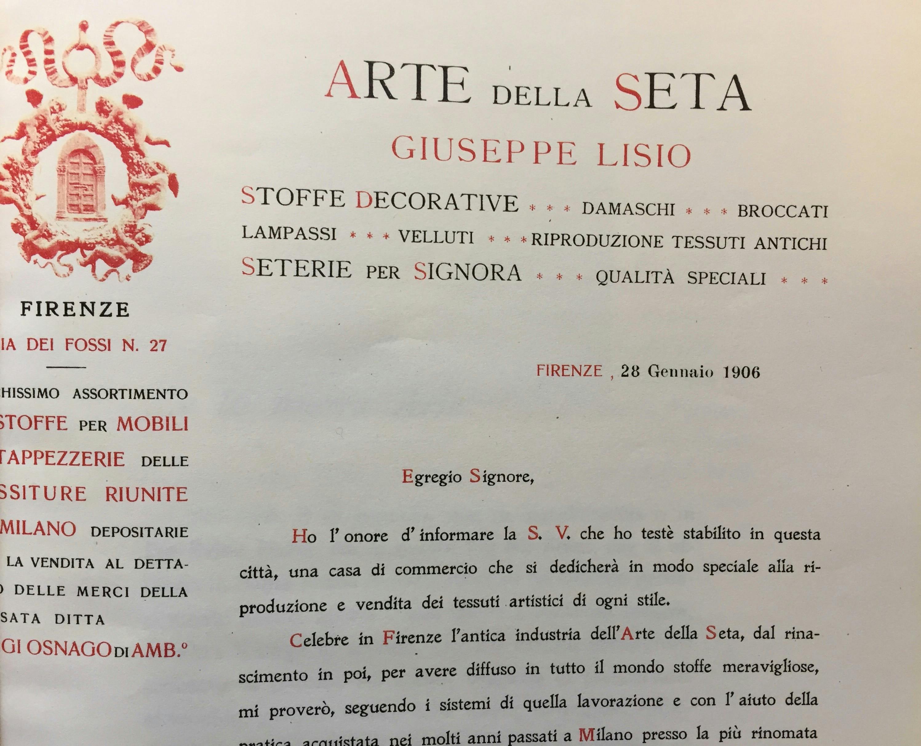 Arte della Seta, Giuseppe Lisio, January 28, 1906