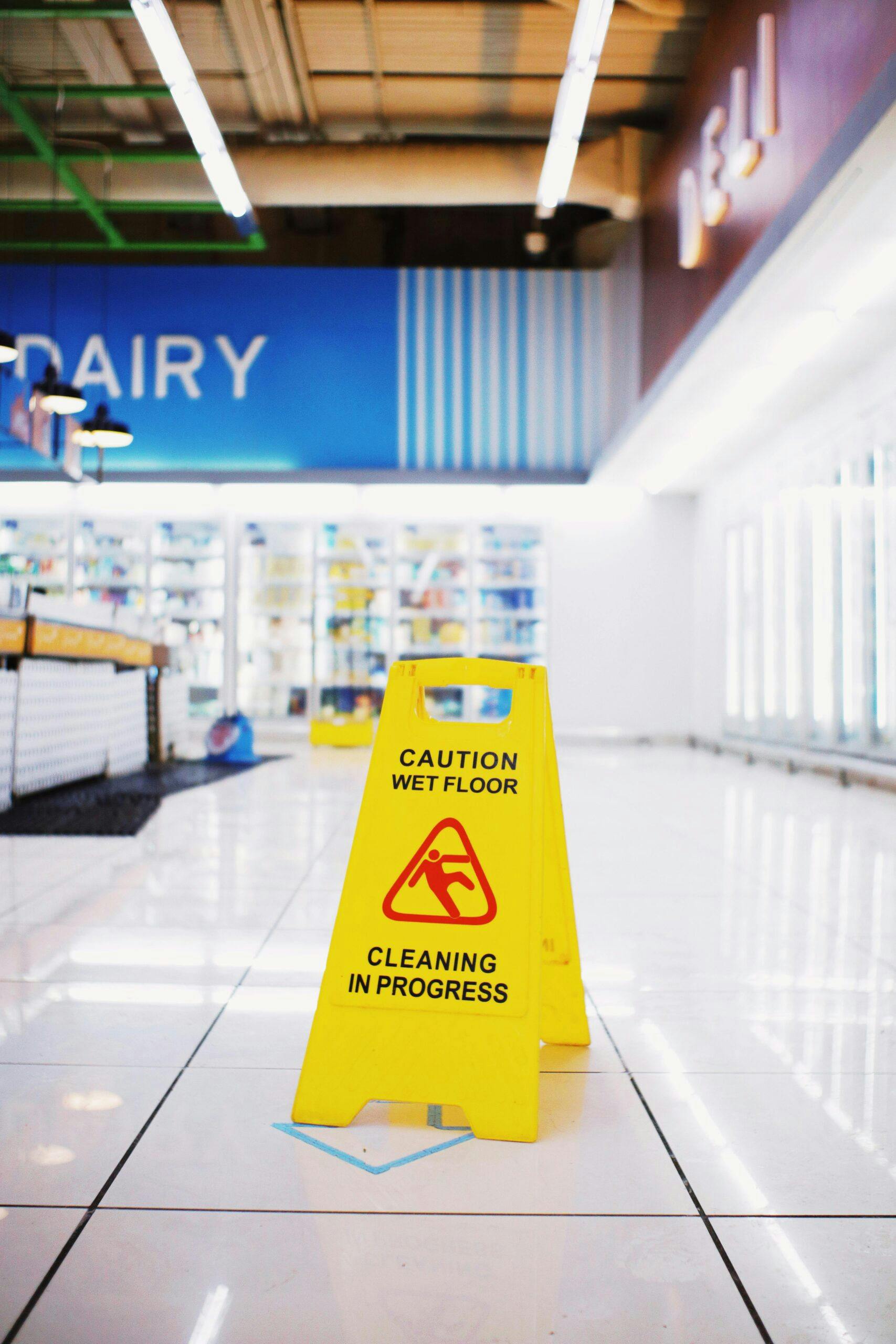 A caution wet floor sign in a store