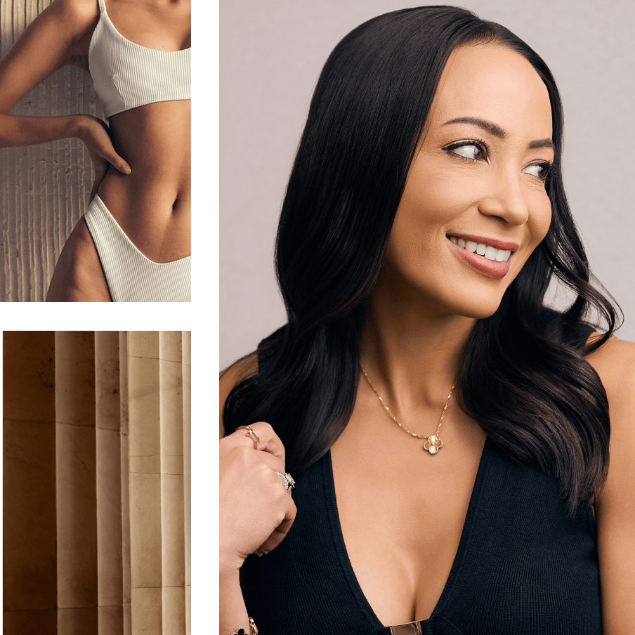 woman smiling | woman in underwear | side of a building