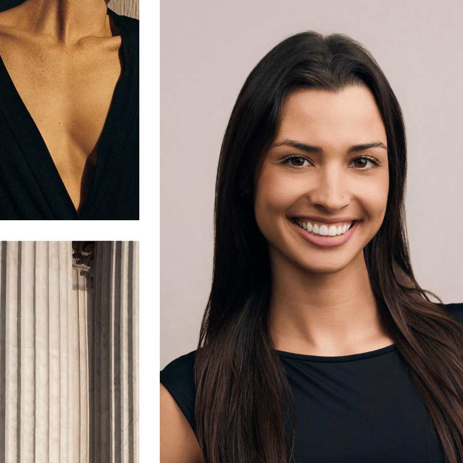 woman smiling | close up of a woman's chest | side of a building