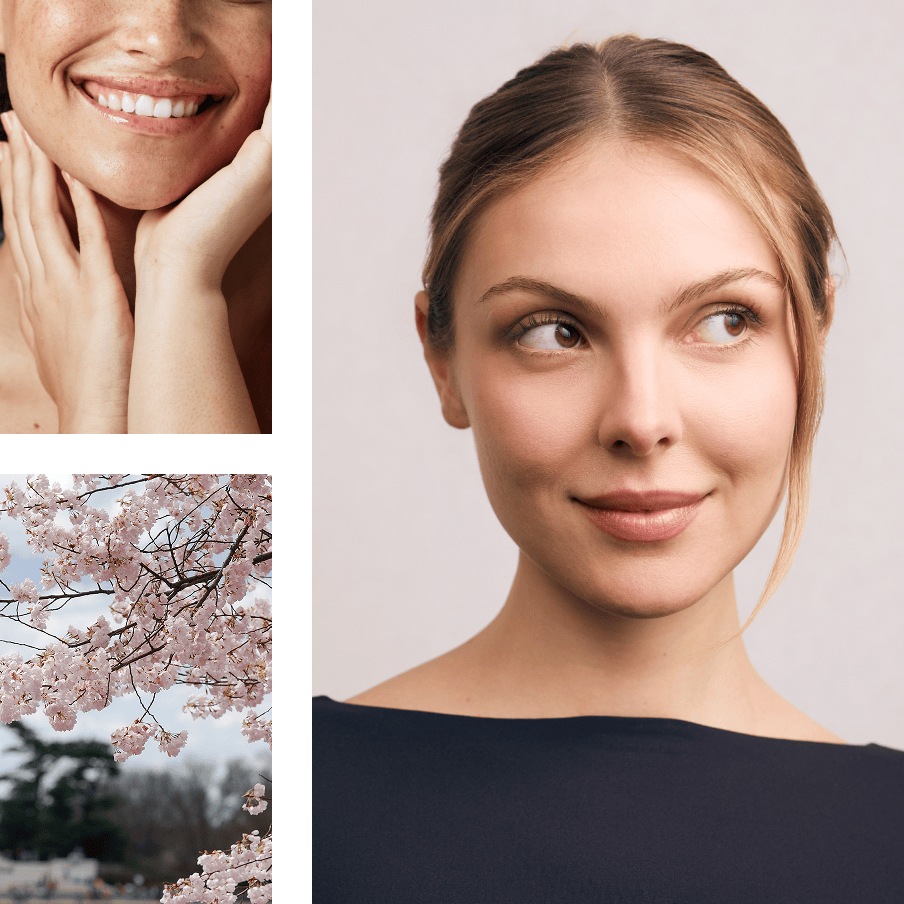 woman looking to the side | woman touching her face | cherry blossom tree