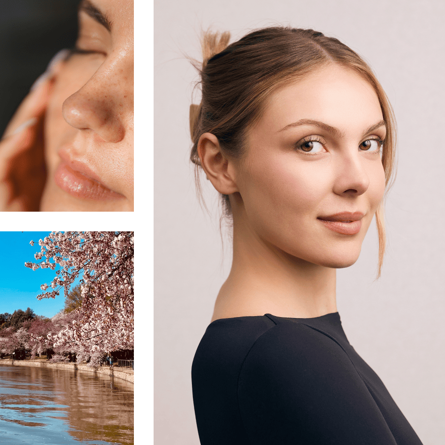 woman smiling over her shoulder | woman touching her face | cherry blossom trees by a pond