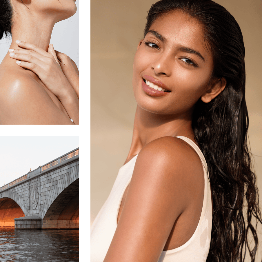 woman smiling over her shoulder | woman touching her neck | bridge