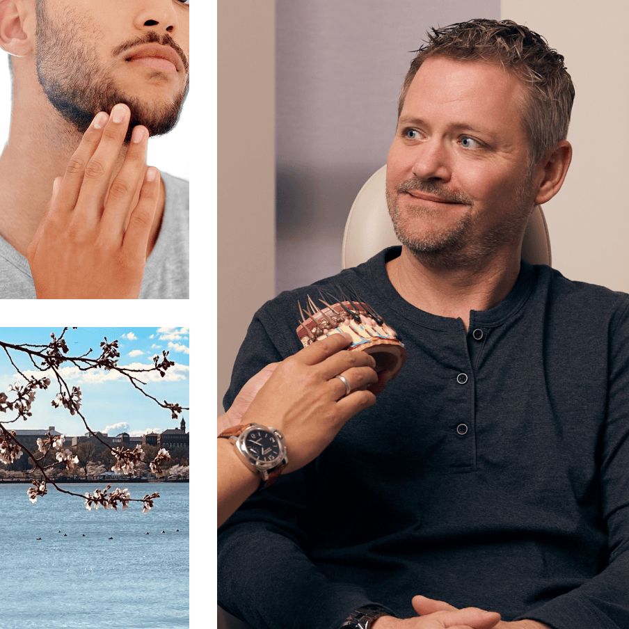 Man touching his beard | A tree branch by a lake | Man smiling