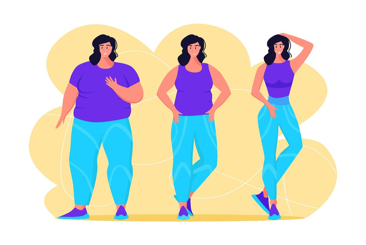 Illustration showing a woman at progressive stages of weight loss over time, representing a realistic semaglutide weight loss timeline under physician guided care at Geneva Primary Care and Med Spa.